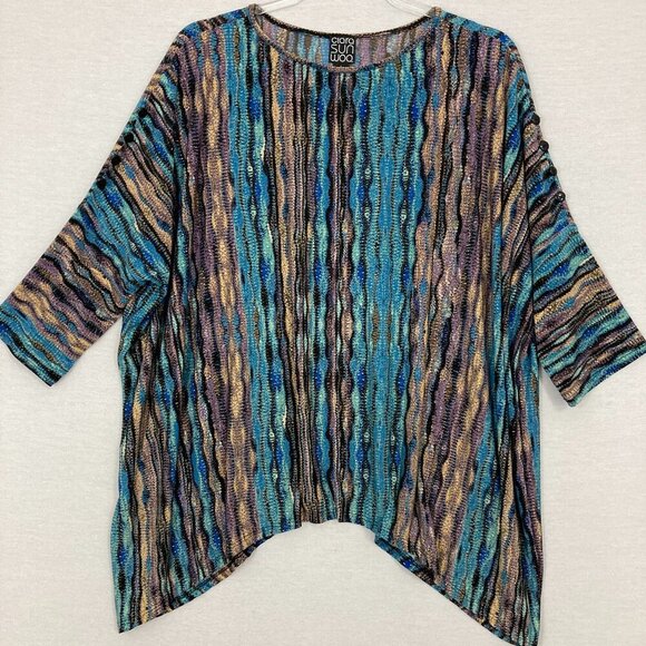 Clara Sun Woo Teal Brown Abstract Print Stretch Sharkbite Hem Flowy Top Large - Picture 1 of 9